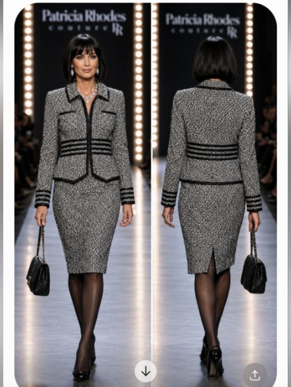 Patricia Rhodes Couture Black White Boucle Tweed Crystal Peplum skirt Suit 12 - Picture 2 of 16